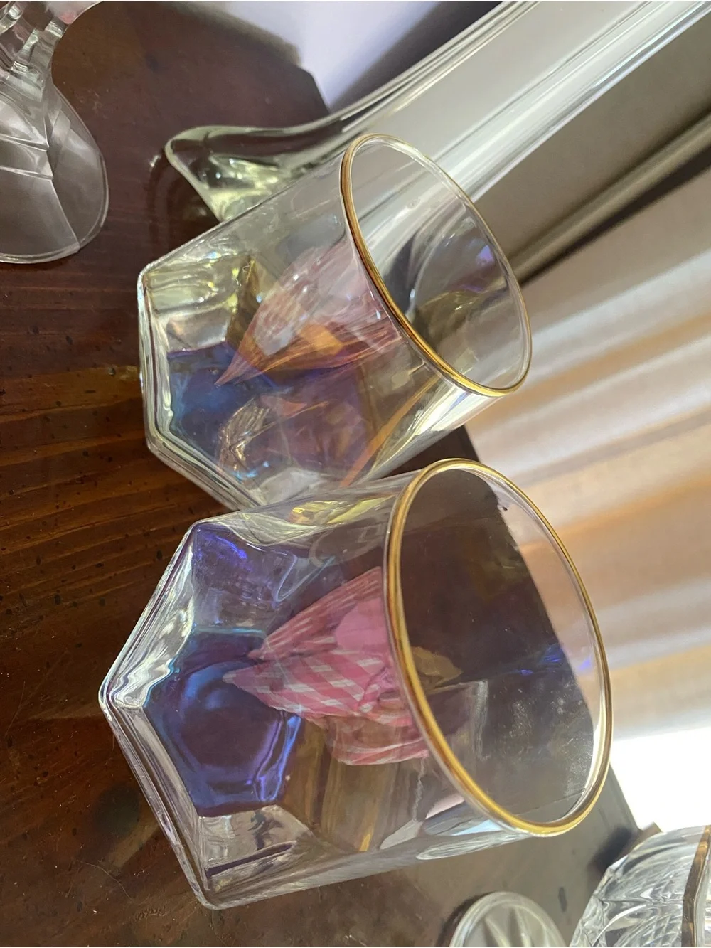 Set of 2 Iridescent Geometric Diamond Tumblers / Stemless Wine Glasses